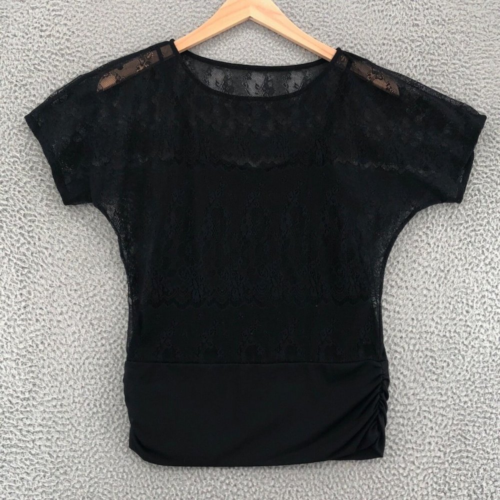 White House Black Market Top Womens Small Black Camisole Sheer Lace Layer Ruched
